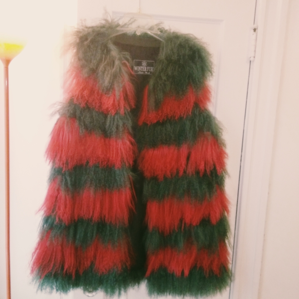 Green and red mongolian fur vest